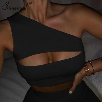 Simenual Neon Color Women Two Piece Set One Shoulder Casual Tracksuits Cut Out Crop Top And Biker Shorts Sets Sporty Active Wear